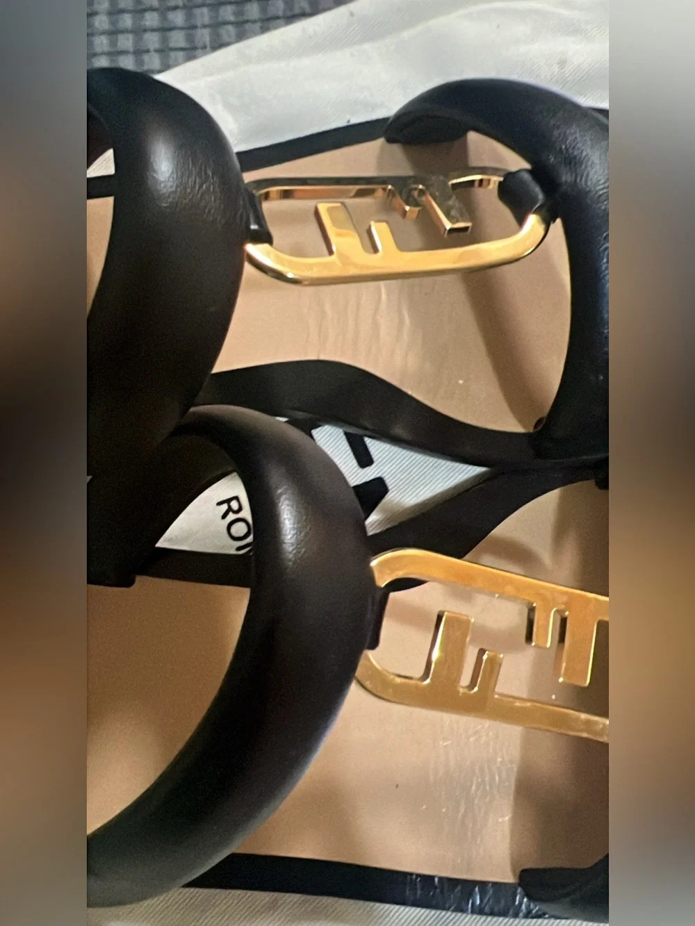 Fendi Black Leather Sandals with Gold Logo Accent